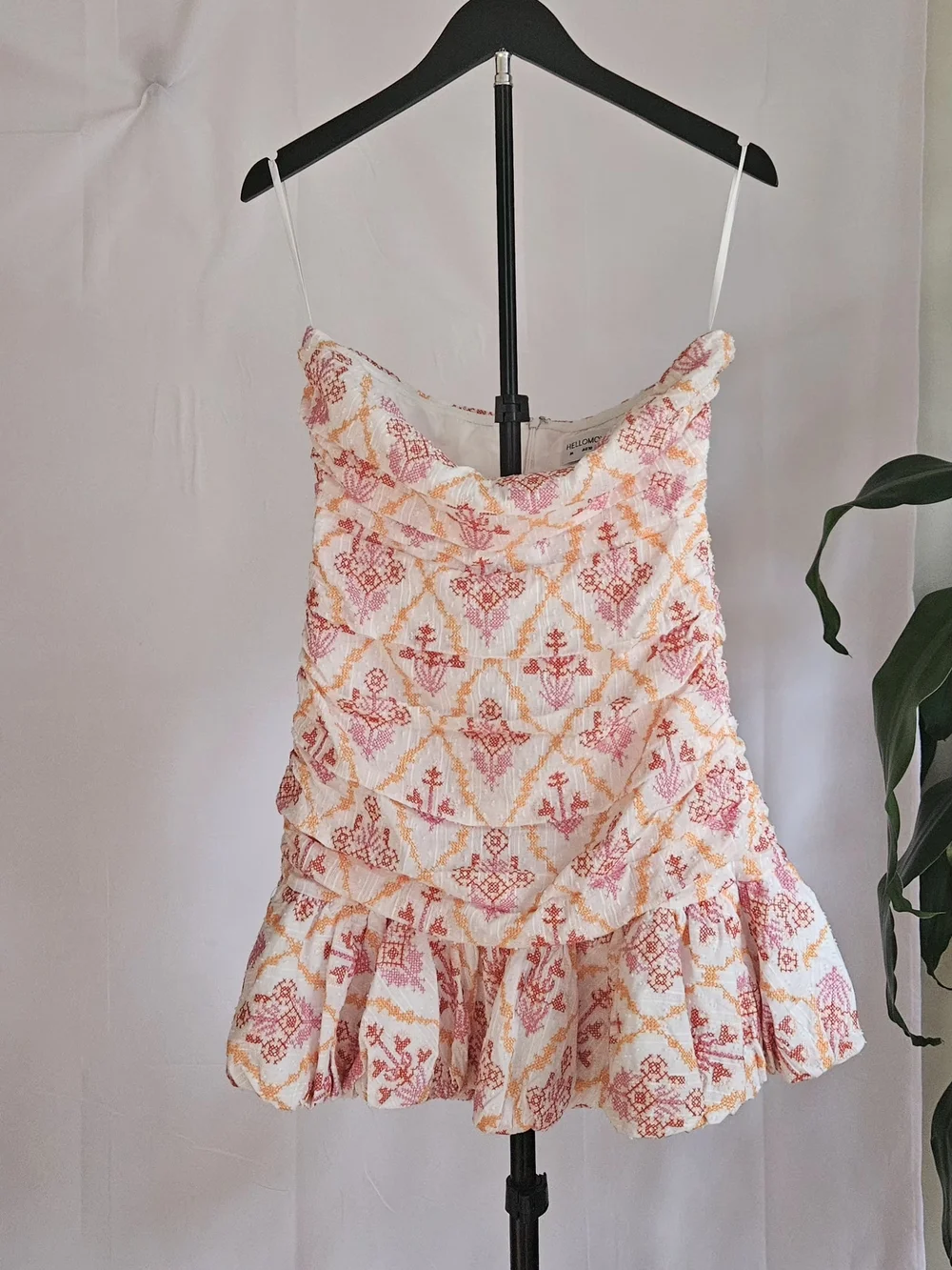 HELLO MOLLY Embroidered Strapless Ruched Mini Dress Size M Cotton Pink Orange - Picture 2 of 16